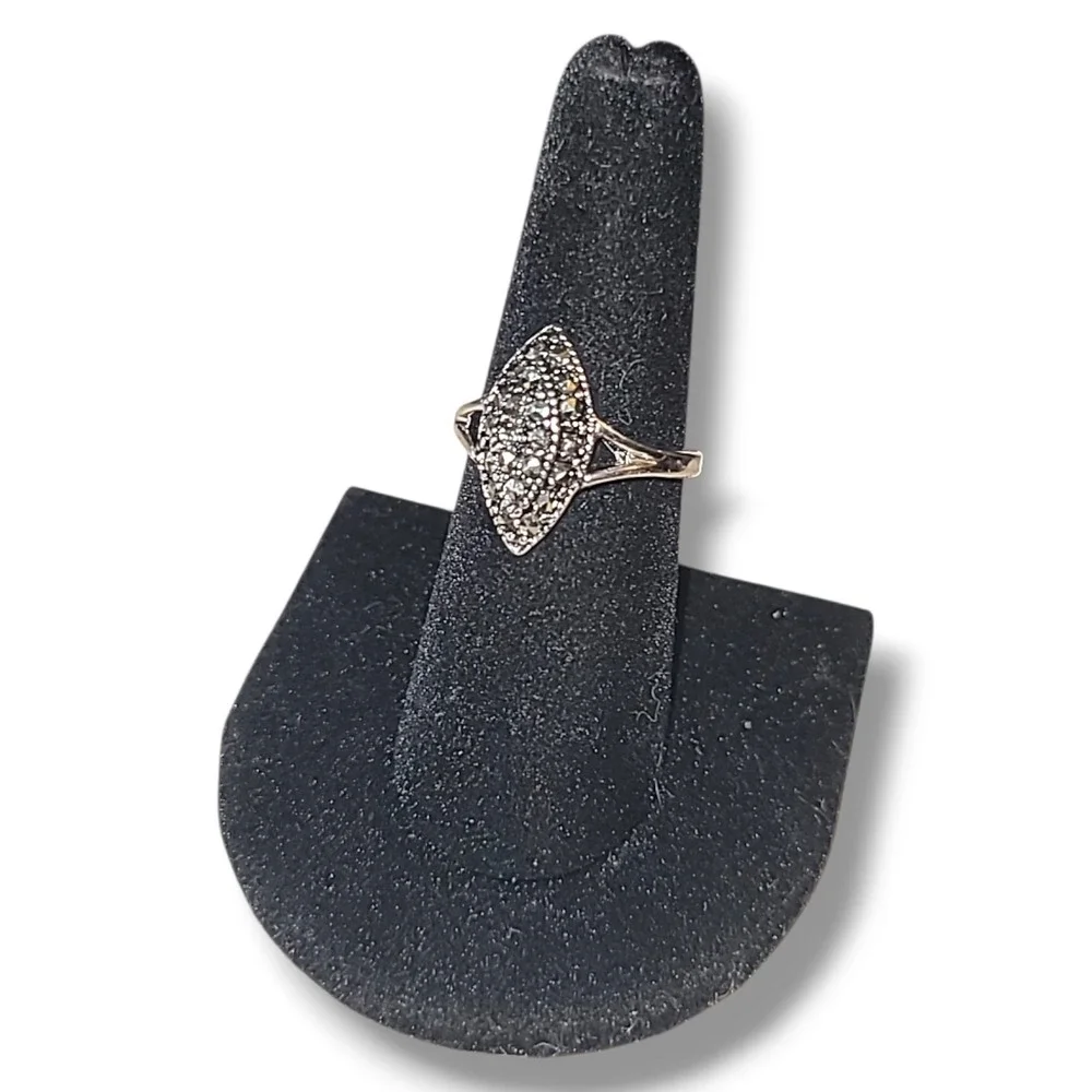 Vintage 18K HGE Genuine Marcasite Shield Cocktail Ring White Gold Tone‎ Sz 7